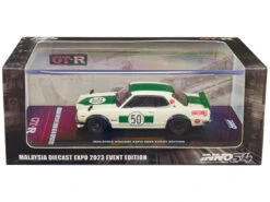 Nissan Skyline 2000 GT-R (KPGC10) #50 RHD (Right Hand Drive) White With Green Stripes "Malaysia Diecast Expo Event Edition" (2023) 1/64 Diecast Model Car By Inno Models