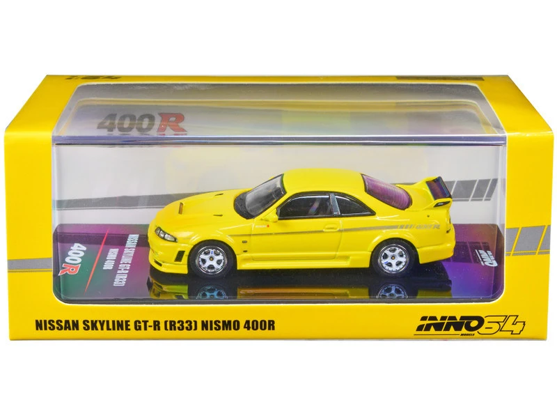 Nissan Skyline GT-R (R33) Nismo 400R RHD (Right Hand Drive) Lightning Yellow With Silver Stripes 1/64 Diecast Model Car By Inno Models 3 Nissan Skyline GT-R (R33) Nismo 400R RHD (Right Hand Drive) Lightning Yellow With Silver Stripes 1/64 Diecast Model Car By Inno Models