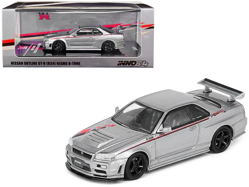 Nissan Skyline GT-R (R34) Nismo R-Tune RHD (Right Hand Drive) Silver Metallic With Graphics 1/64 Diecast Model Car By Inno Models 3 Nissan Skyline GT-R (R34) Nismo R-Tune RHD (Right Hand Drive) Silver Metallic With Graphics 1/64 Diecast Model Car By Inno Models