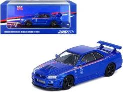 Nissan Skyline GT-R (R34) Nismo R-Tune RHD (Right-Hand Drive) Bayside Blue Metallic With Stripes And Graphics 1/64 Diecast Model Car By Inno Models
