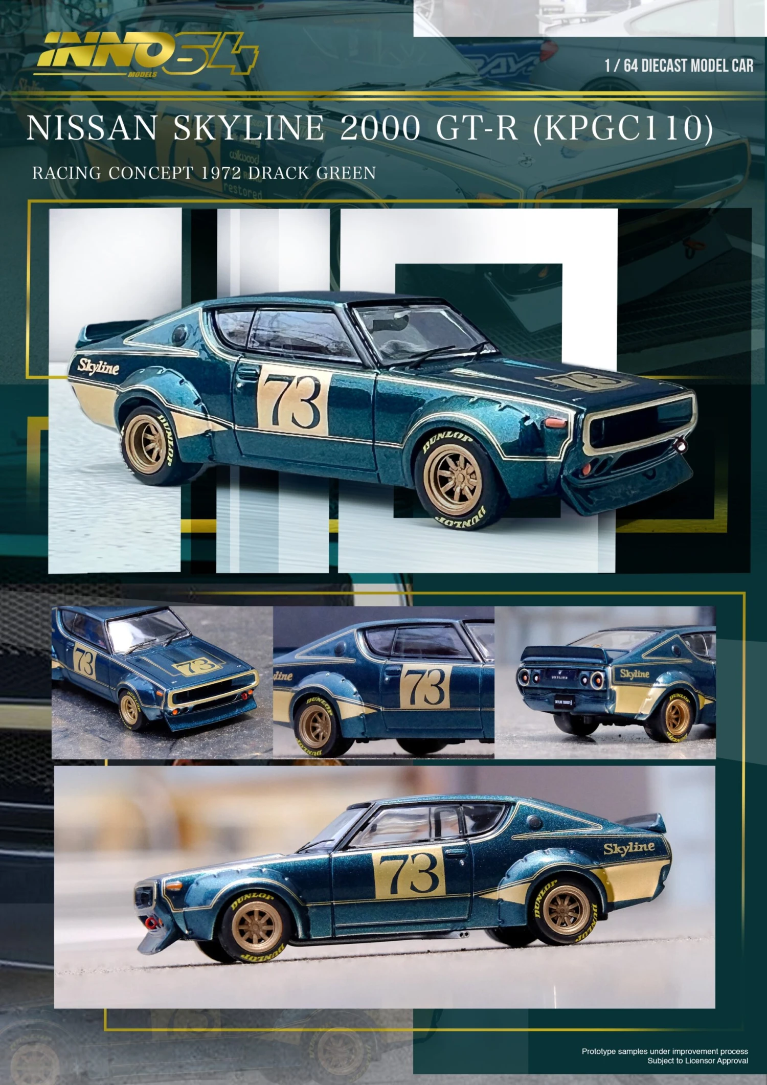 INNO64 1:64 Nissan Skyline 2000GT-R (KPGC110) In Racing Concept Green 5 INNO64 1:64 Nissan Skyline 2000GT-R (KPGC110) In Racing Concept Green - Image 3