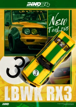 INNO64 1:64 Mazda RX-3 Savanna LBWK In Yellow -Model Cars Houston LBRX3ANNO1