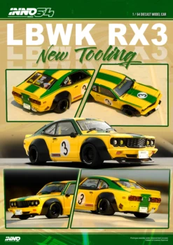 INNO64 1:64 Mazda RX-3 Savanna LBWK In Yellow -Model Cars Houston LBRX3ANNO2