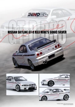 INNO64 1:64 Nissan Skyline GT-R (R33) "TUNED BY MINE'S" In Silver -Model Cars Houston R33Silver