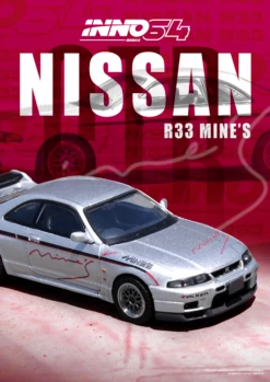 INNO64 1:64 Nissan Skyline GT-R (R33) "TUNED BY MINE'S" In Silver -Model Cars Houston R33minessliver