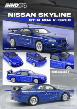 INNO64 1:64 Nissan Skyline GT-R (R34) V-Spec Tuned By "MINE'S" In Blue -Model Cars Houston R34VSBLUANNO13